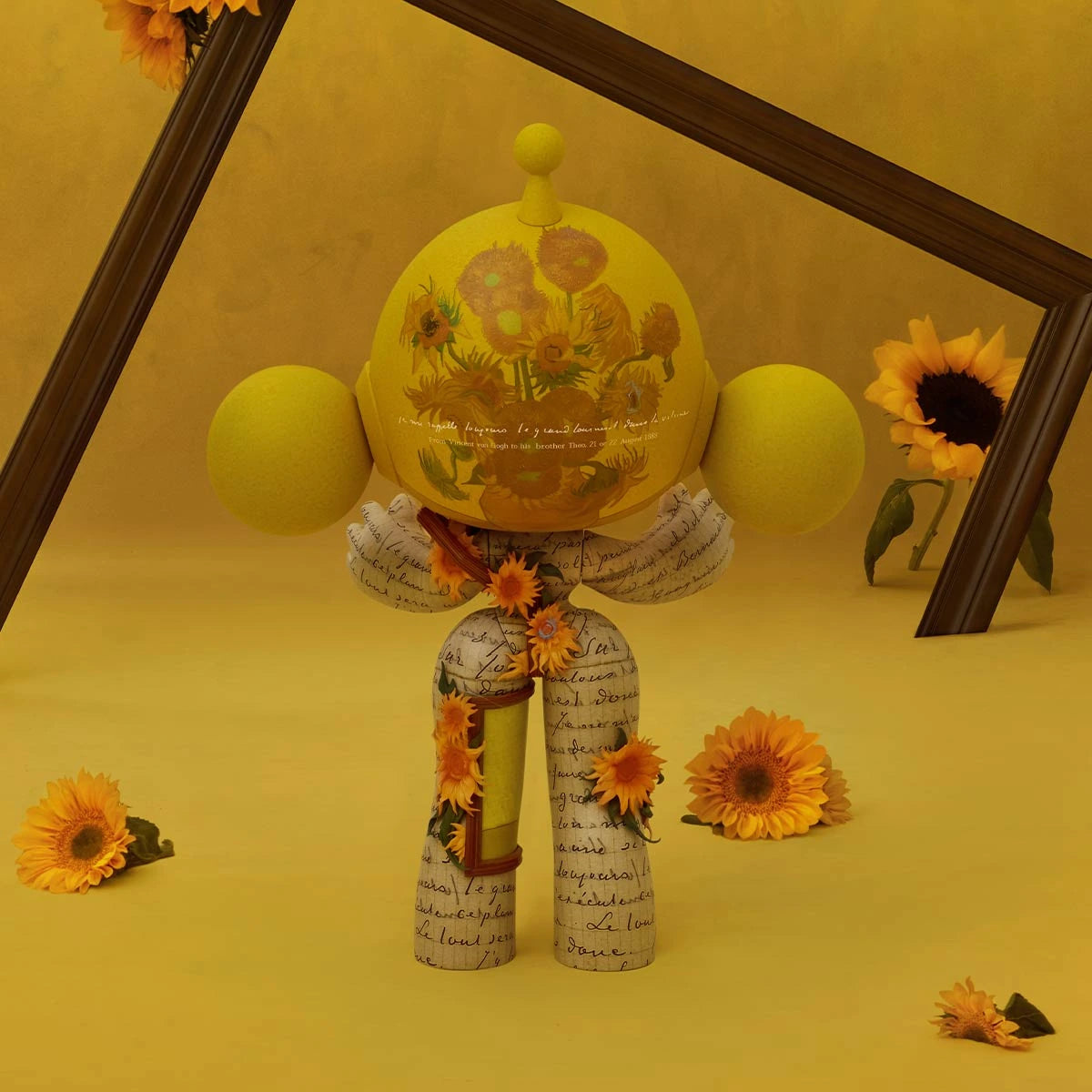 MEGA α SKULLPANDA 1000% Van Gogh Museum Sunflowers figure, full rear view showing the yellow helmet and artwork