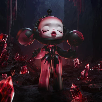 MEGA α SKULLPANDA 400% Red Crystal figure, front display with mask removed among red crystal scenery