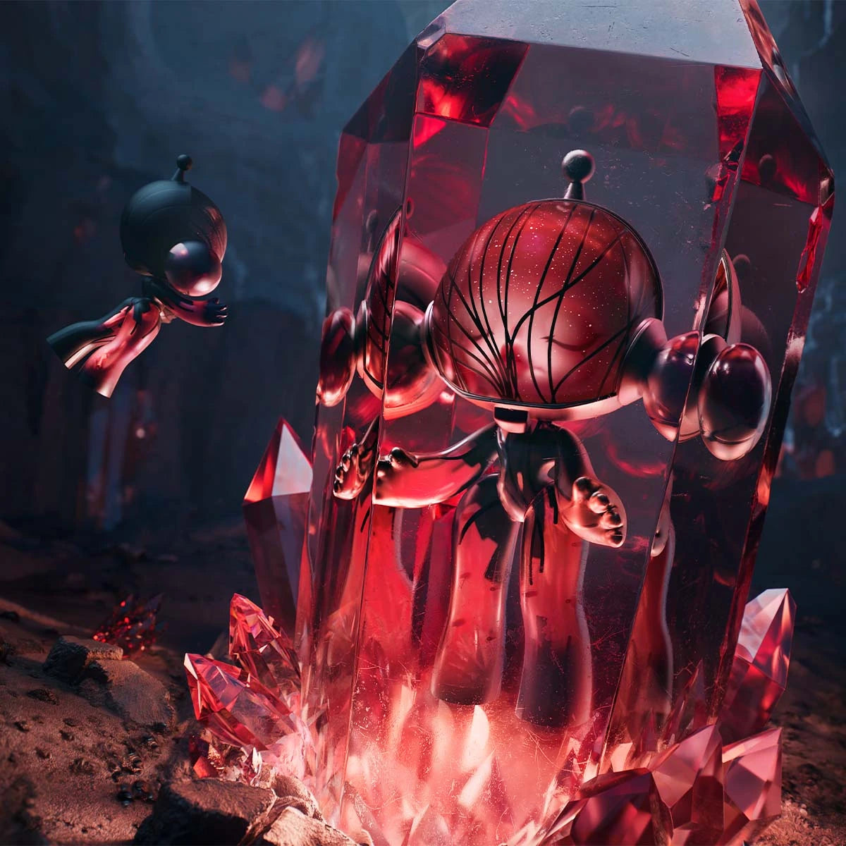 MEGA α SKULLPANDA 400% Red Crystal figure, rear helmet and body in a red crystal promotional scene