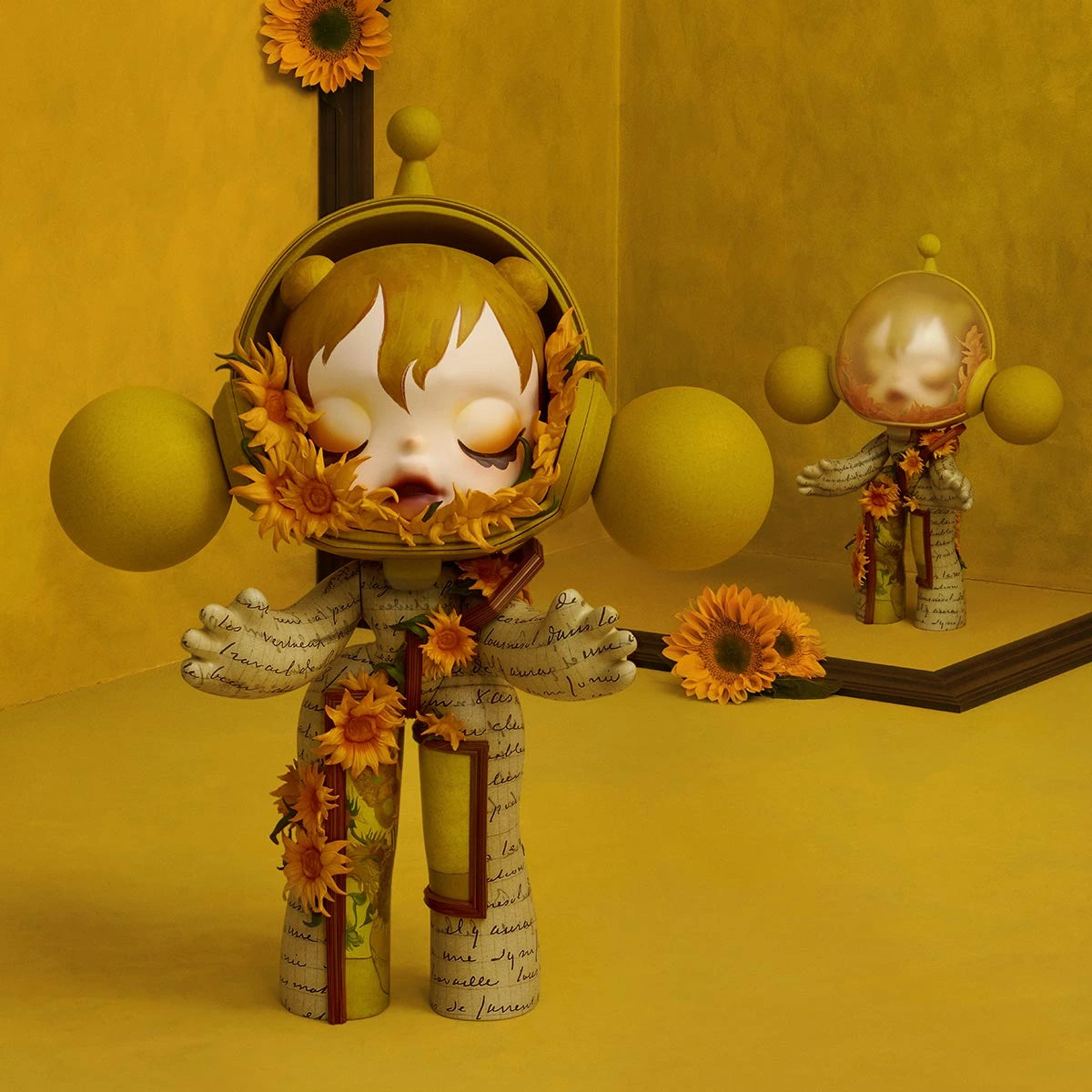 MEGA α SKULLPANDA 400% Van Gogh Museum Sunflowers figure, front styled view; mirror shows the same figure