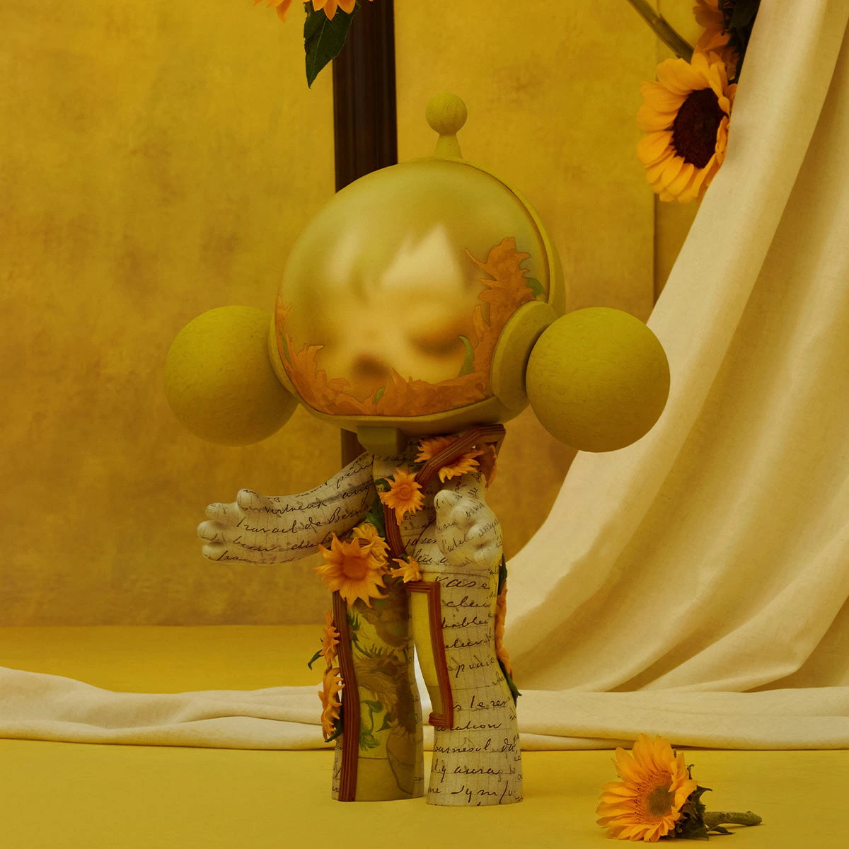 MEGA α SKULLPANDA 400% Van Gogh Museum Sunflowers figure, side and rear artwork in a yellow display setting
