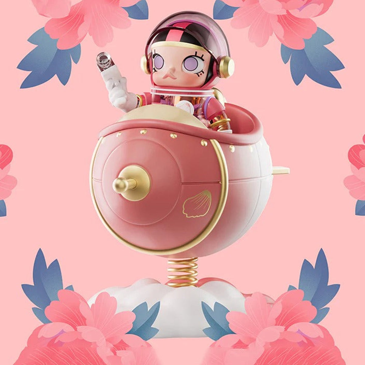 MEGA SPACE MOLLY 100% Blooming Peony confirmed figure in a floral scene, front three-quarter view