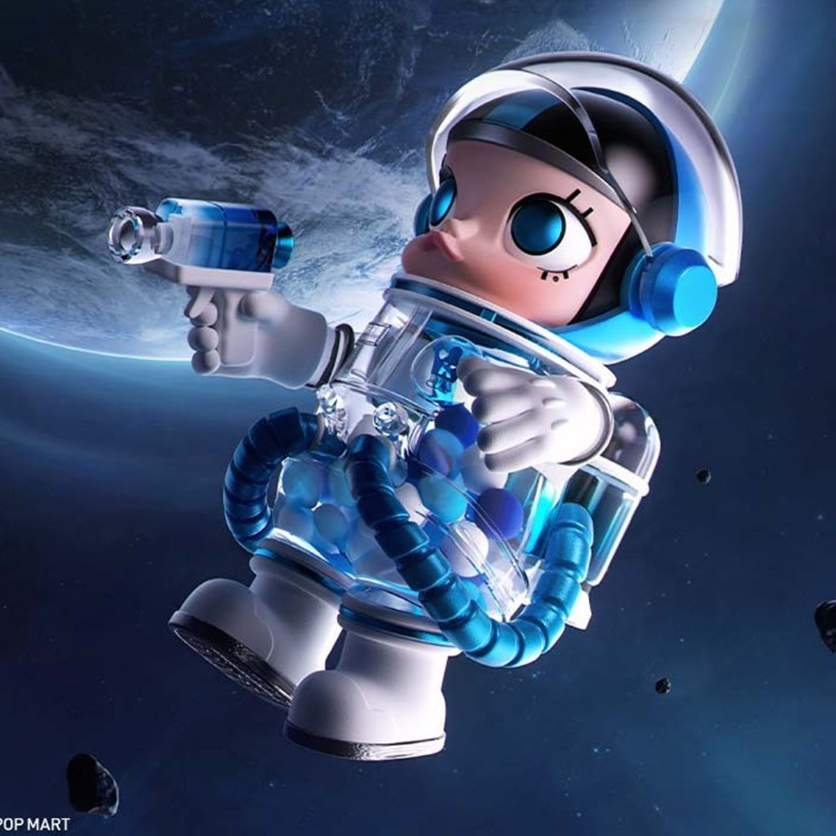 MEGA SPACE MOLLY × CAS SPACE 100% figure holding its space accessory in a display scene