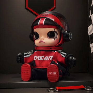 MEGA SPACE MOLLY DUCATI red vinyl plush pendant with helmet visor open; original studio display scene