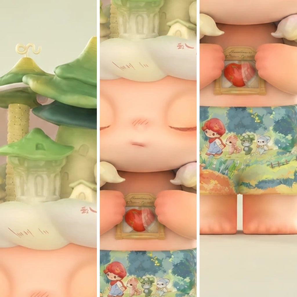 MEGA JUST DIMOO 400% Meadow of Dreams close-up of transparent crown, face and printed shorts