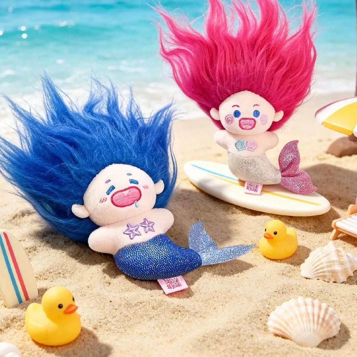 Meizha Le Emotional Kaleidoscope Series Plush Pendant Blind Box - Complete blue plush pendant example with pink example partly cropped; styling props not included; random design not guaranteed