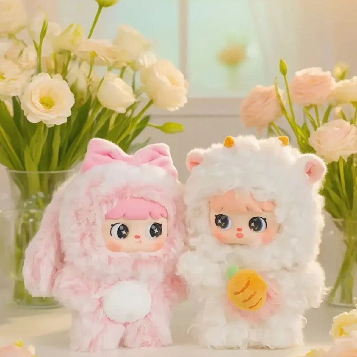 MEYA V2 Cute Pet Action Series Plush Dolls, Blind Box - Complete pink and white plush doll examples; random design not guaranteed