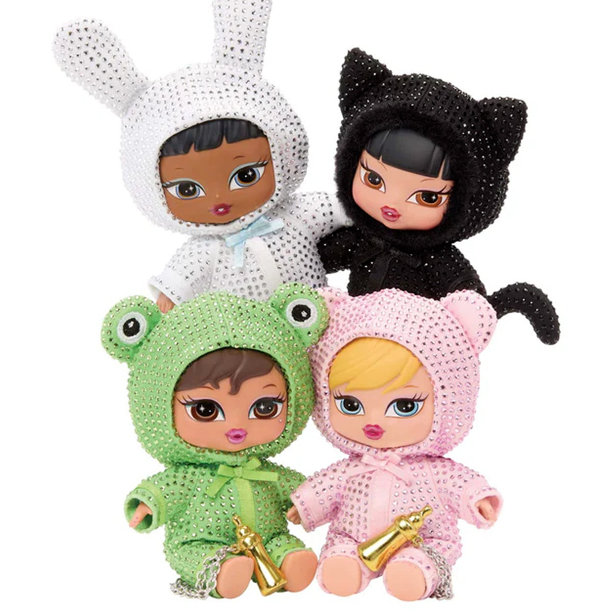MGA Bratz Bratziez Bling Series Plush Pendant Blind Box (PRE-ORDER) - Four plush pendant examples; upper white ears cropped, pink example complete; random design not guaranteed