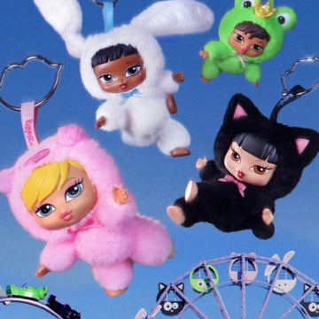 MGA Bratz Bratziez Iconz Series Plush Pendant Blind Box - Plush comparison with complete central examples; upper white-bunny ear cropped; random design not guaranteed