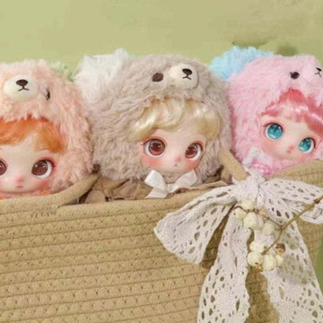 Miaojiuhua (Magic Nine Flower) Series Plush Dolls, Blind Box - Three Miaojiuhua plush design examples in a basket; bodies obscured and edge heads cropped; basket not included; random design not guaranteed; display props not included