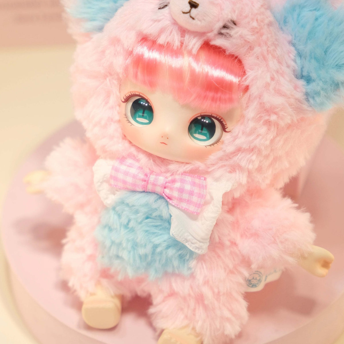 Miaojiuhua (Magic Nine Flower) Series Plush Dolls, Blind Box - Pink plush design with blue chest and pink bow; upper hood ears and lower foot edge cropped; random design not guaranteed; display props not included