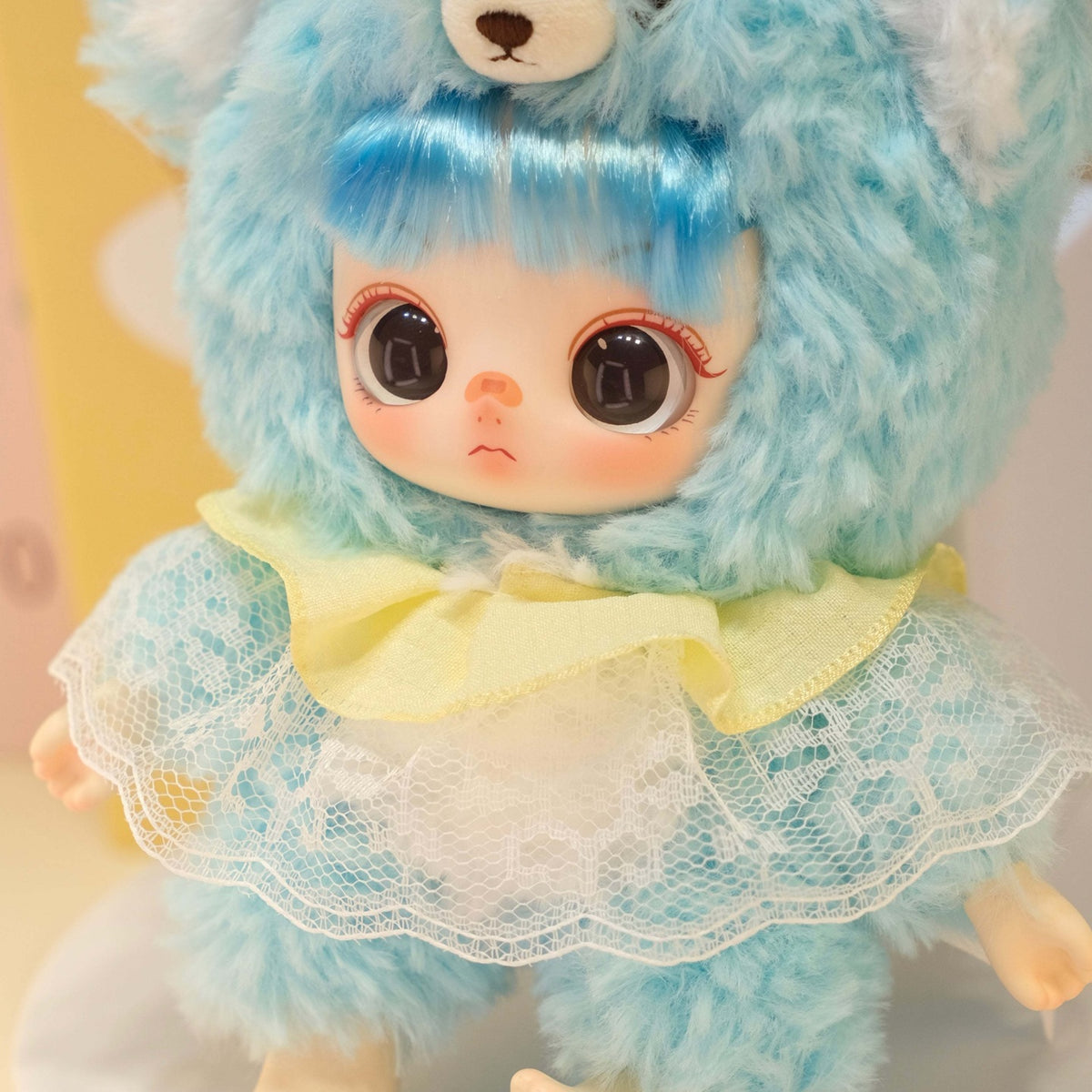 Miaojiuhua (Magic Nine Flower) Series Plush Dolls, Blind Box - Blue plush design with pale-yellow bow and lace collar; upper hood ears and lower body cropped; random design not guaranteed; display props not included