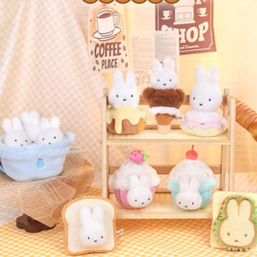 Miffy Food Workshop Series Plush Pendant Dolls, Blind Box - Series overview with complete central plush pendant examples and left-edge example partly cropped; display props not included; random design not guaranteed
