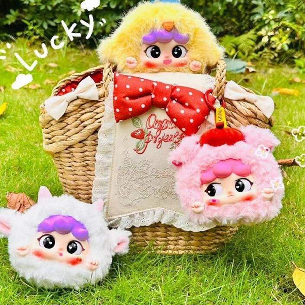 MIGO Animal Party Series Plush Dolls, Blind Box - Three plush charm examples in a styled basket; basket and fabric not included; random design not guaranteed