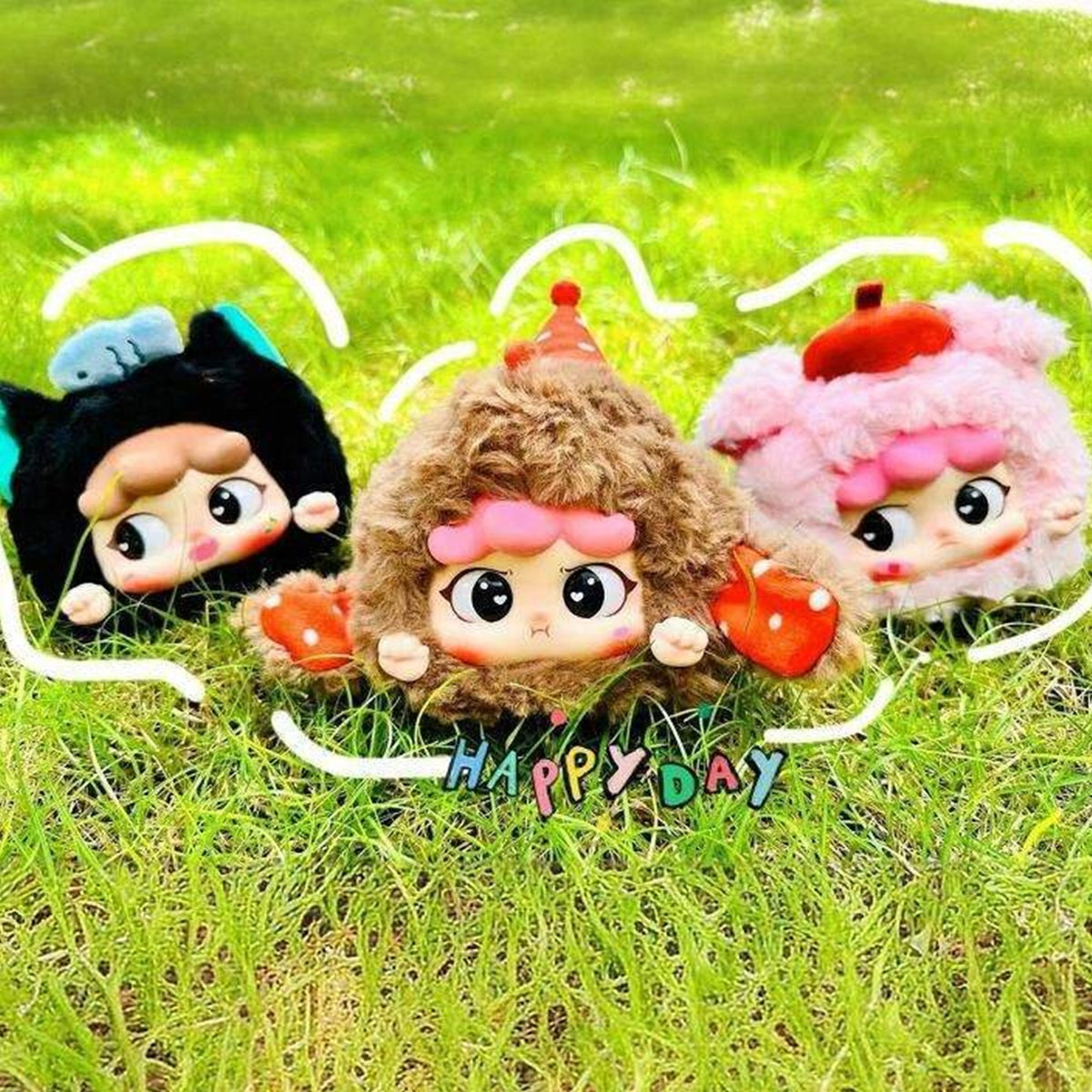 MIGO Animal Party Series Plush Dolls, Blind Box - Three complete plush charm examples on grass; random design not guaranteed