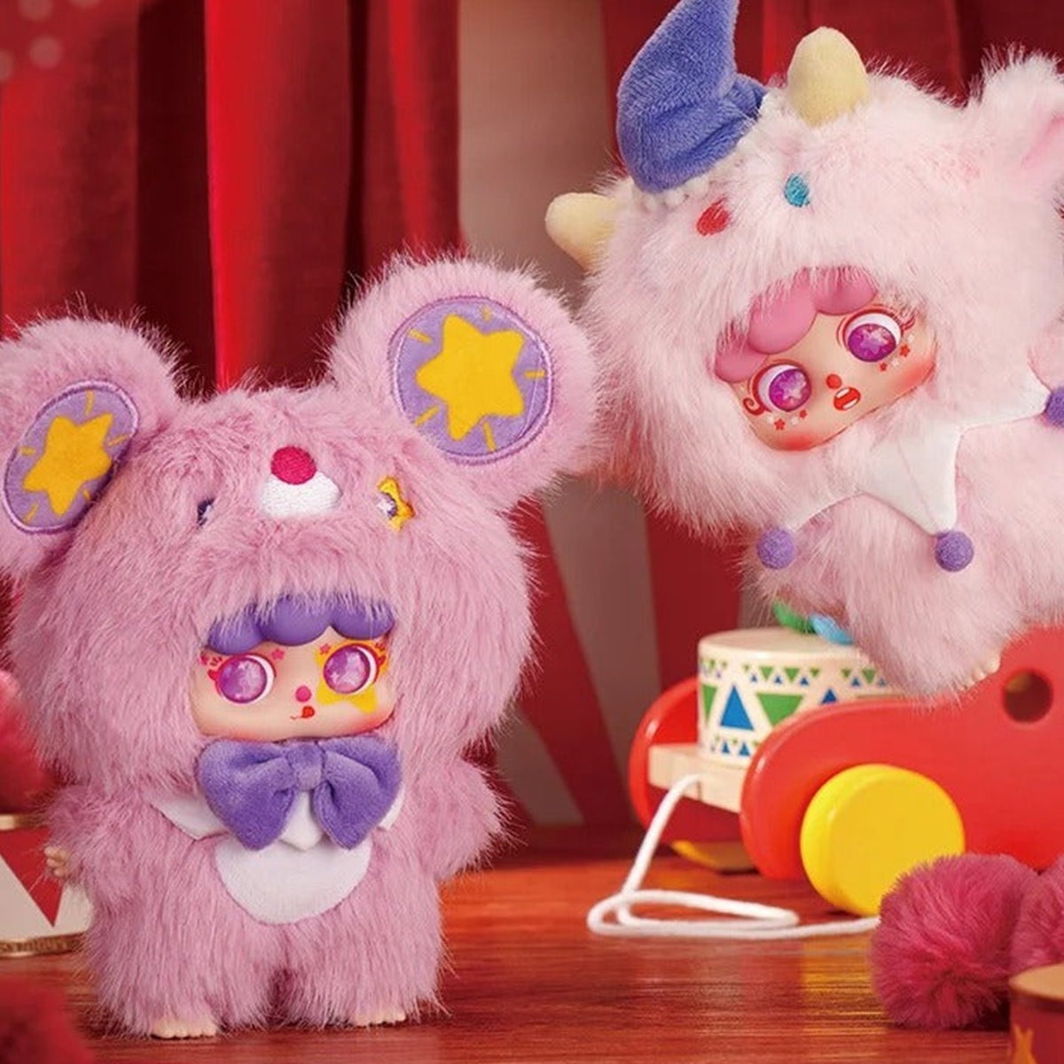 MIGO Grotesque Circus Series Plush Pendant Blind Box - Circus plush comparison with complete purple example and cropped upper edge of white example; random design not guaranteed