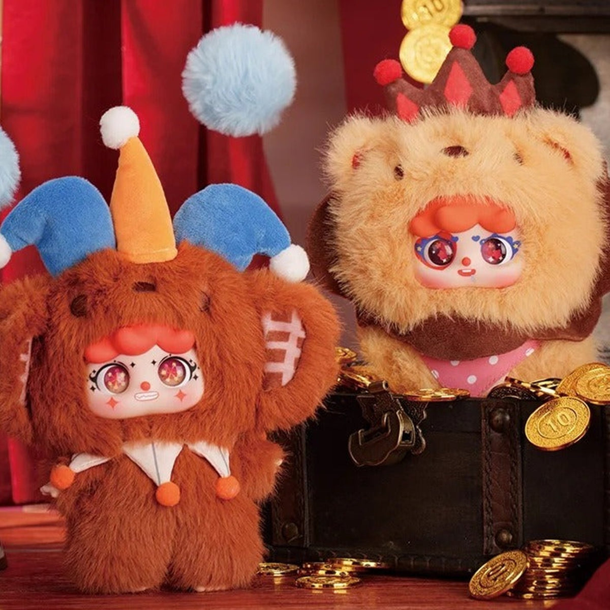 MIGO Grotesque Circus Series Plush Pendant Blind Box - Circus plush comparison with complete brown example and cropped upper crown of background example; random design not guaranteed