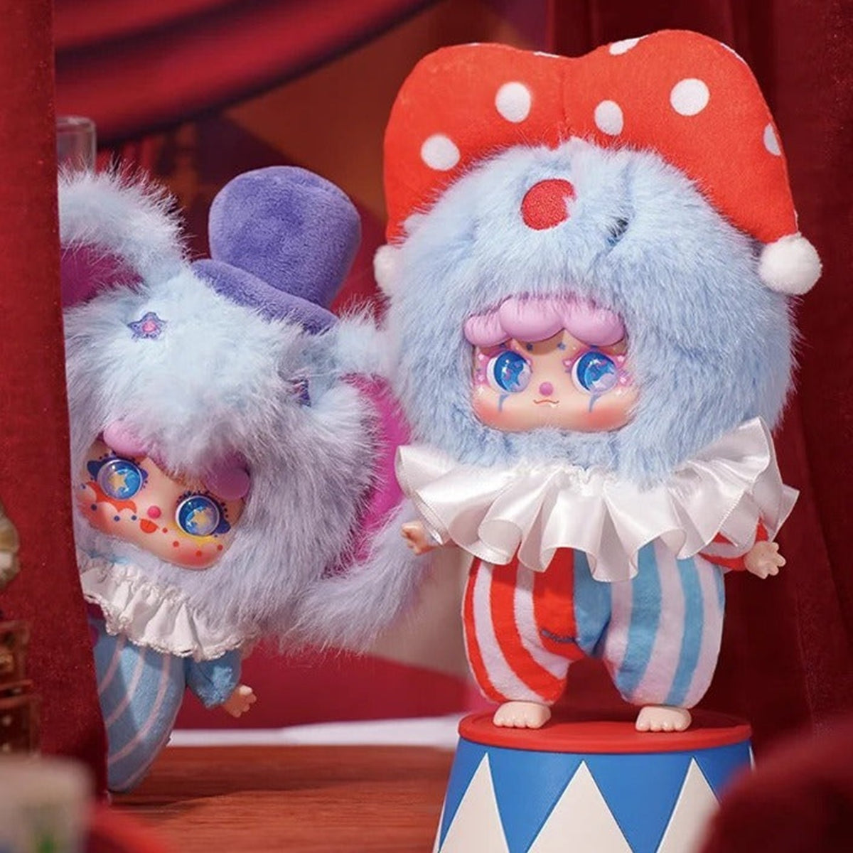 MIGO Grotesque Circus Series Plush Pendant Blind Box - Complete blue circus plush example with red polka-dot hat; random design not guaranteed