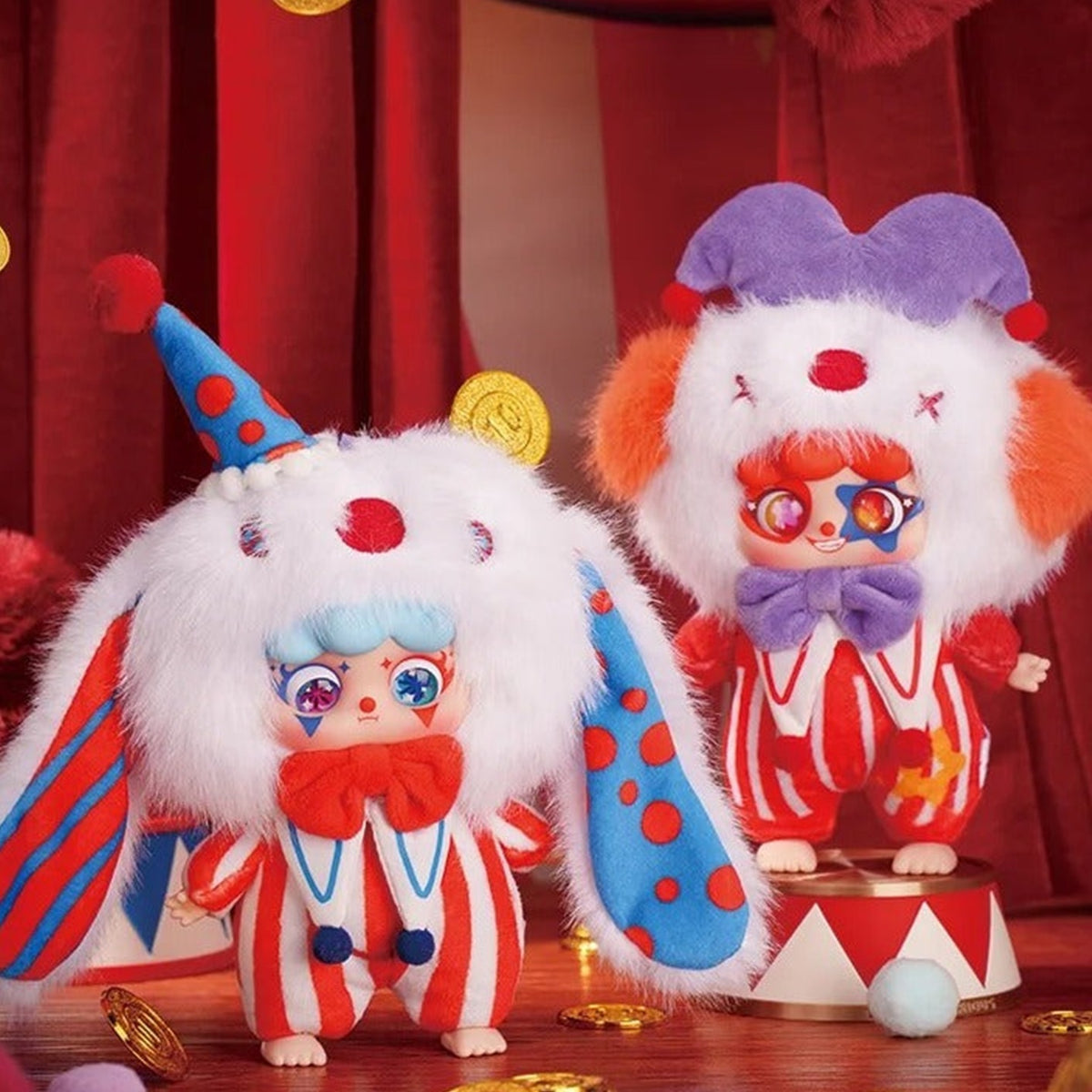 MIGO Grotesque Circus Series Plush Pendant Blind Box - Complete circus plush design comparison with blue cape and red outfit examples; random design not guaranteed