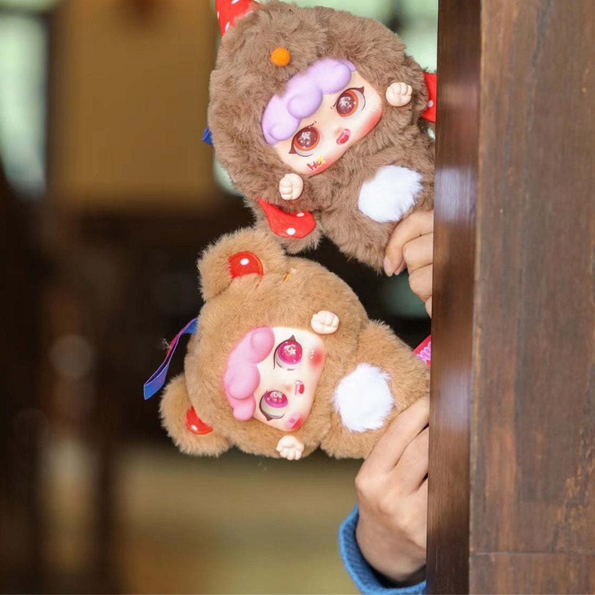 MIGO Happy Ghost Series Plush Dolls, Blind Box - Brown plush pendant comparison with upper and side edges partly obscured; random design not guaranteed