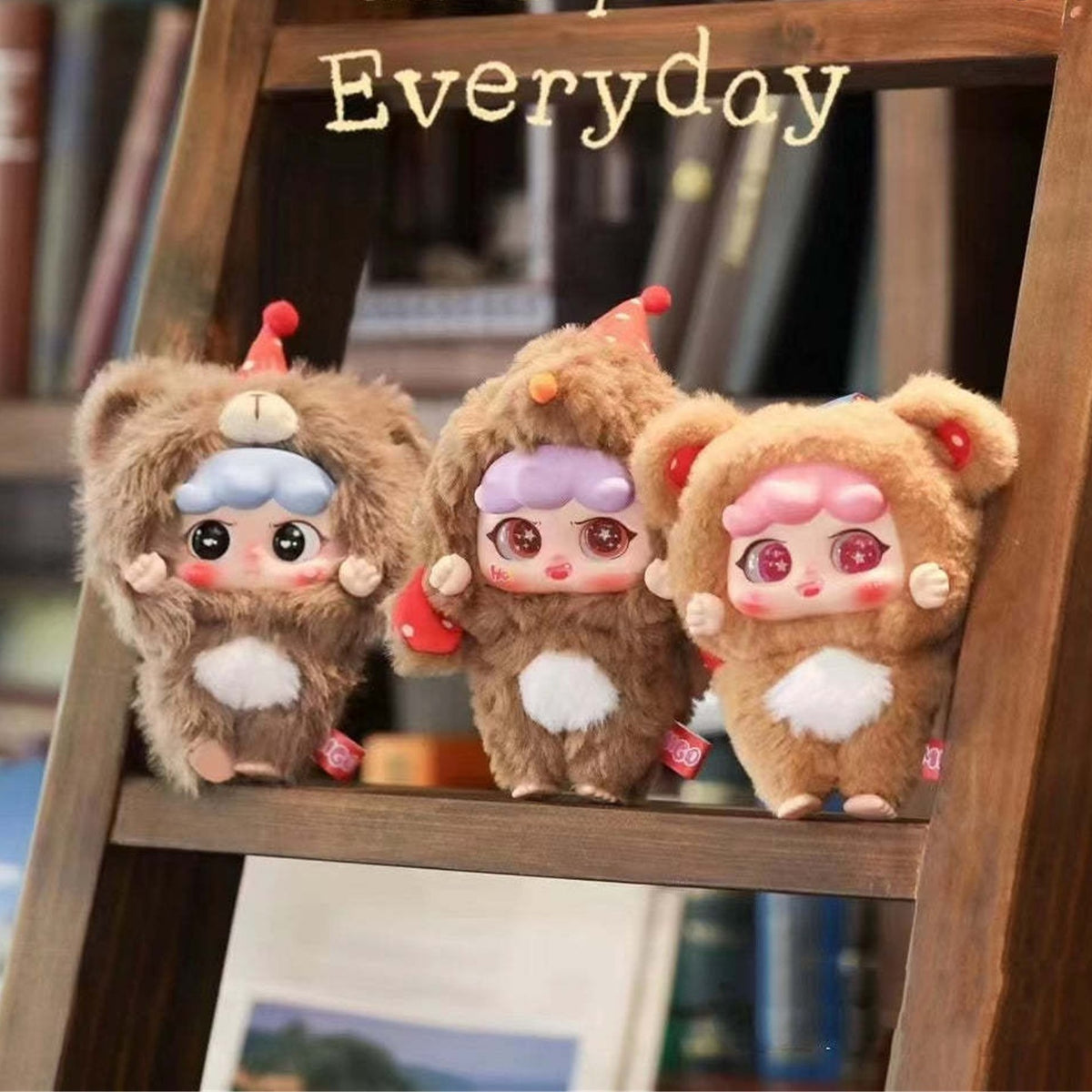 MIGO Happy Ghost Series Plush Dolls, Blind Box - Complete central brown plush pendant examples on display shelf; random design not guaranteed