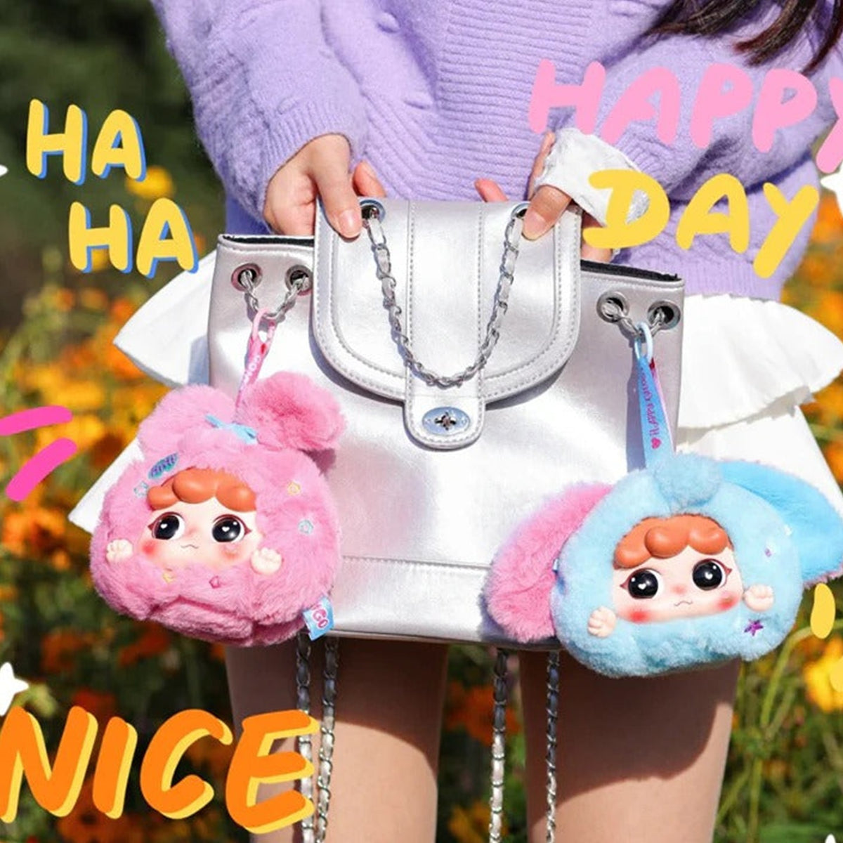 MIGO Let's Travel Together Plush Dolls, Blind Box - Pink and blue complete plush pendant examples attached to a handbag; random design not guaranteed