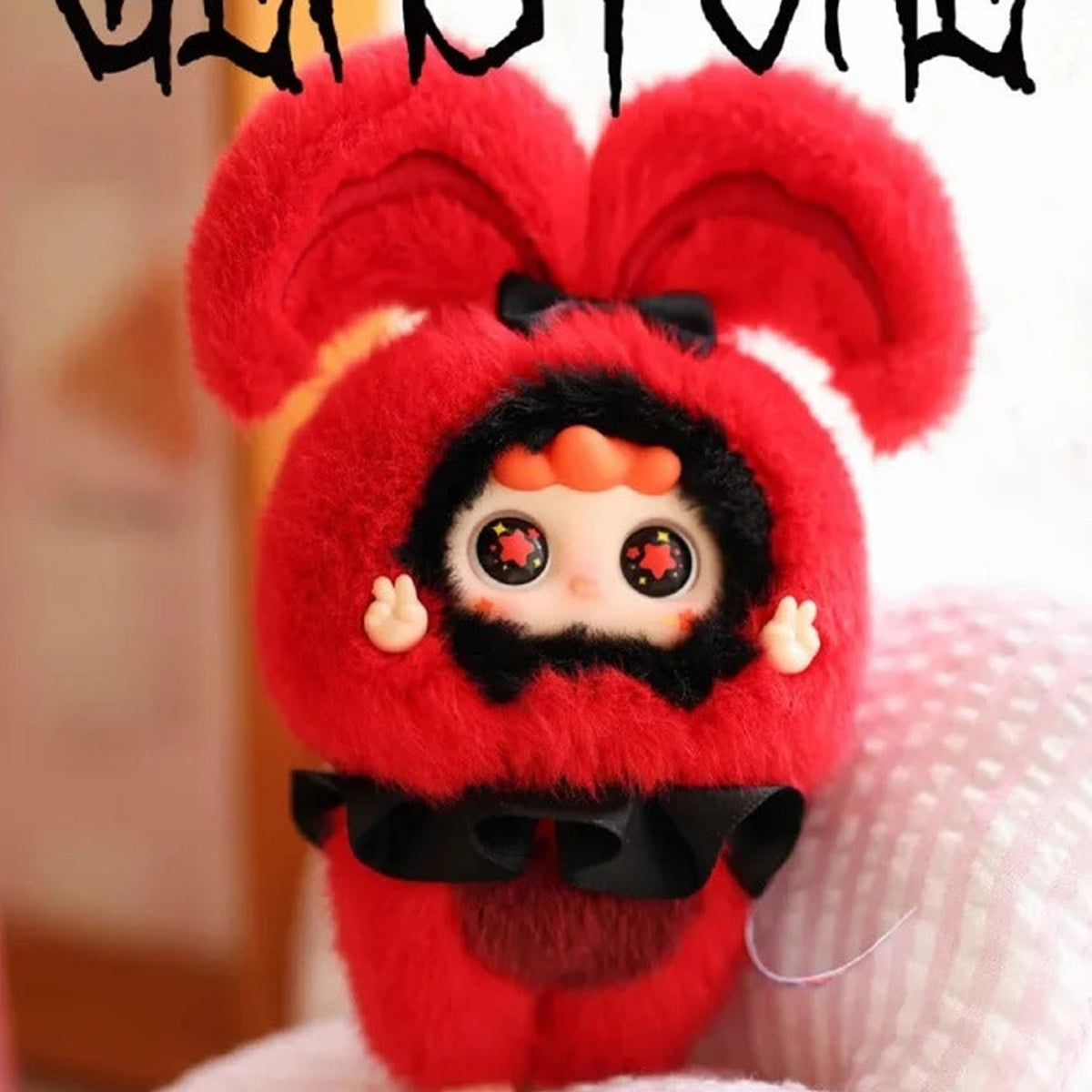 MIGO Little Troublemaker Plush Pendant Blind Box - Red rabbit-hood plush design with dark bow; lower body cropped; random design not guaranteed; display props not included