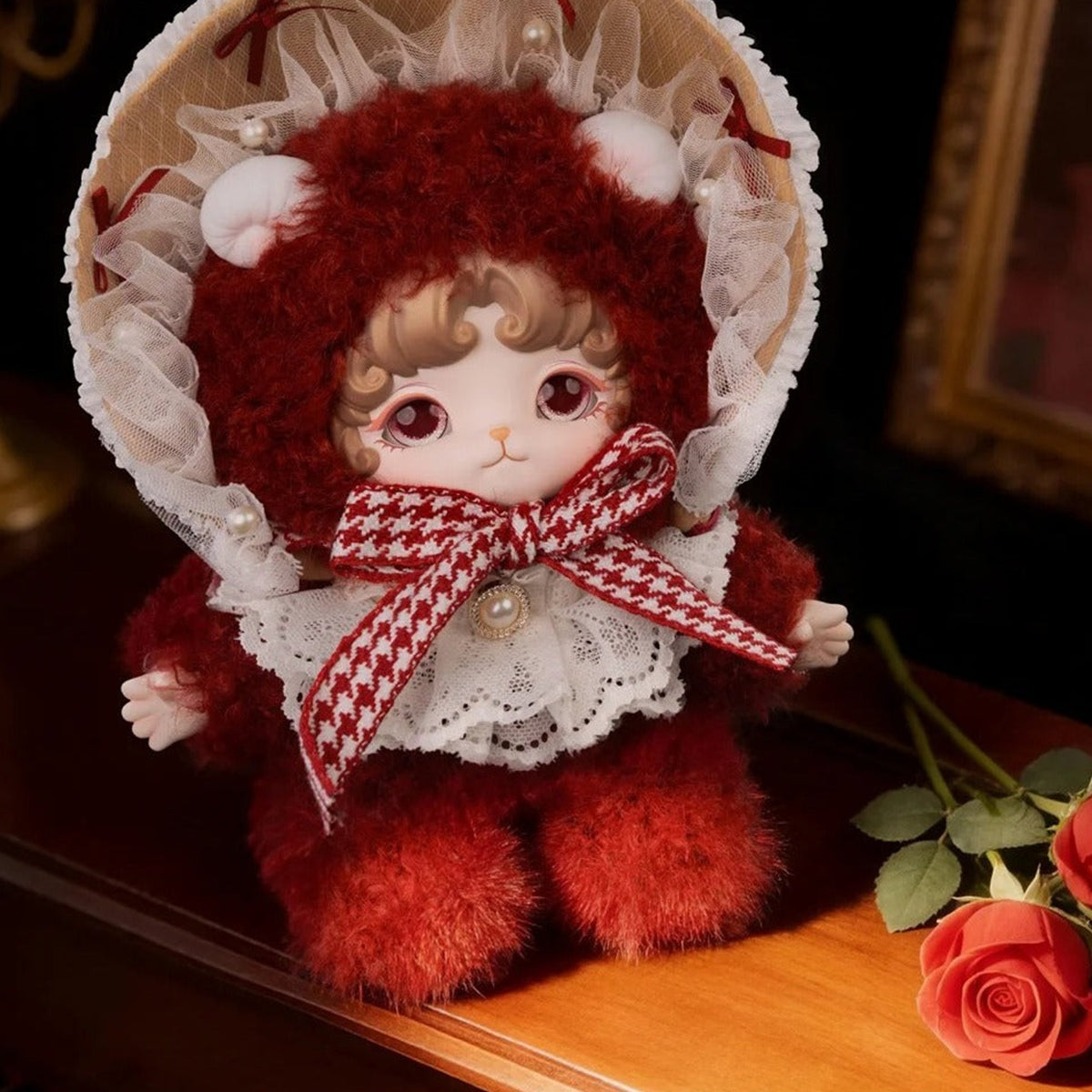 MIJUAN Fluffy Sweet Dream Series Plush Blind Box - Red bonnet plush doll design detail; upper bonnet cropped; random design not guaranteed; display props not included