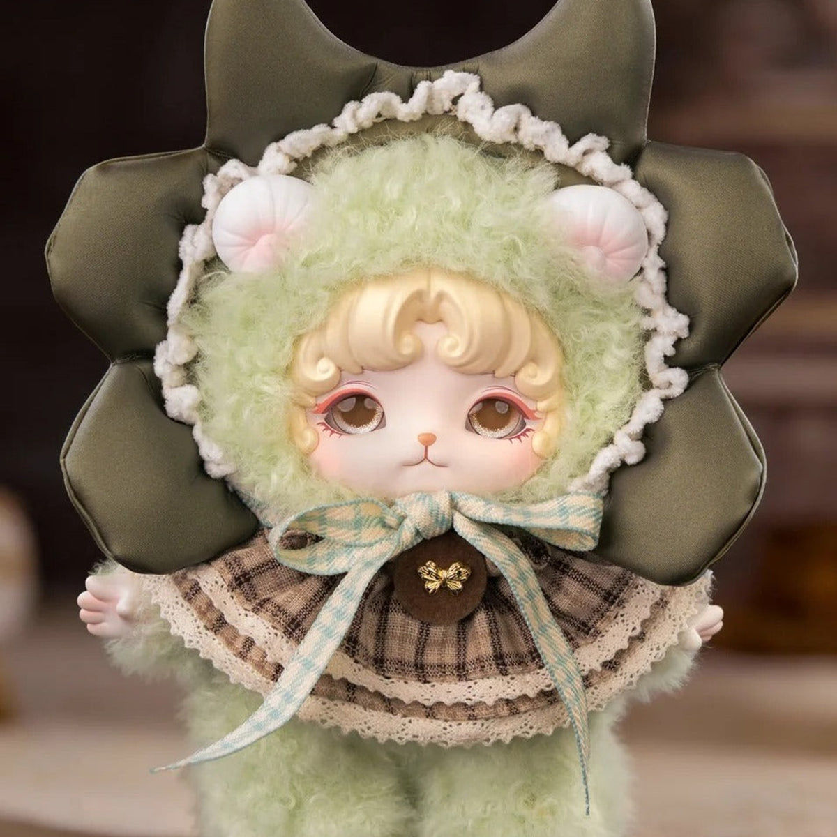 MIJUAN Fluffy Sweet Dream Series Plush Blind Box - Green plush doll design detail; upper bow and lower feet cropped; random design not guaranteed; display props not included