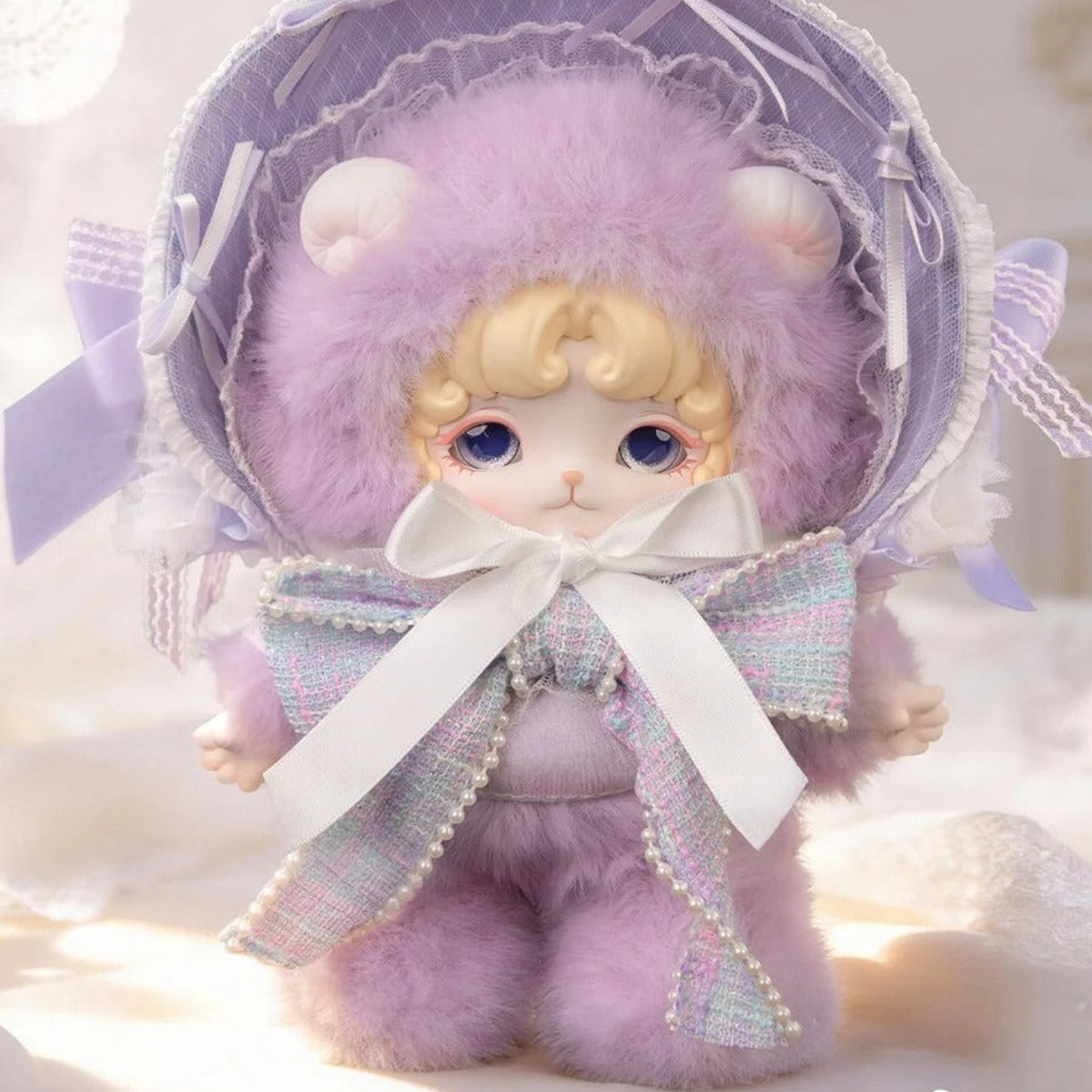 MIJUAN Fluffy Sweet Dream Series Plush Blind Box - Lilac bonnet plush doll design detail; upper bonnet cropped; random design not guaranteed; display props not included
