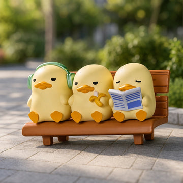 mini DUCKOO Citywalk characters resting on a city bench
