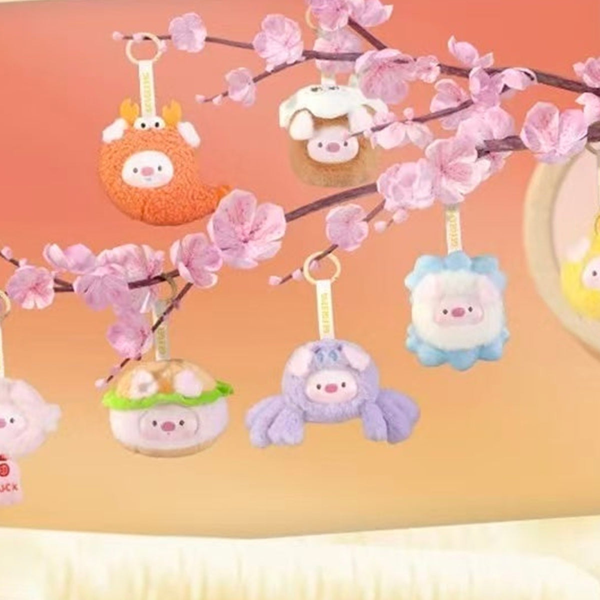 Mini GEEGEEPIG Mini Transformation Show Plush Pendant Blind Box - Series overview with complete central plush pendant examples and outer examples cropped; random design not guaranteed