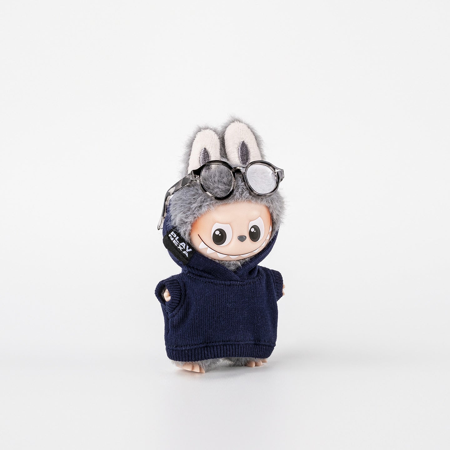 Labubu / The Monsters 10cm Outfit · Mini Hoodie V4｜Doll Clothes, Figure Not Included – Independent Retailer - Doll Outfit - Navy Blue doll outfit detail view | KikiBuddies