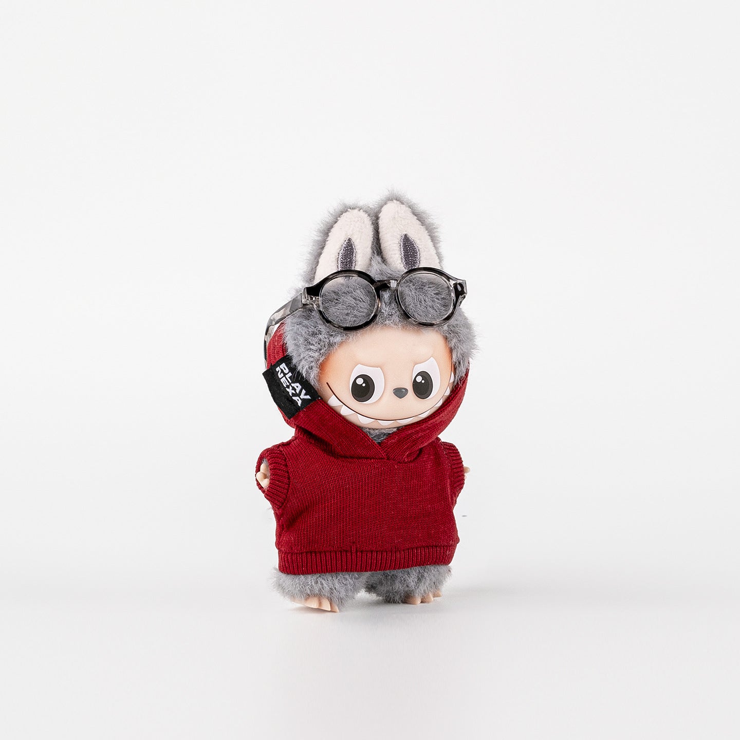 Labubu / The Monsters 10cm Outfit · Mini Hoodie V4｜Doll Clothes, Figure Not Included – Independent Retailer - Doll Outfit - Red doll outfit lifestyle scene | KikiBuddies