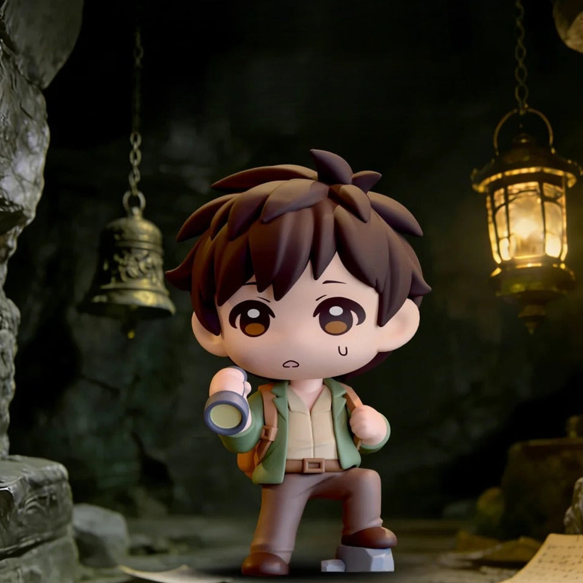 MINISO DMBJ Cave Adventure Series Mini Figure Blind Box - Complete flashlight-holding mini figure on rock display; random design not guaranteed