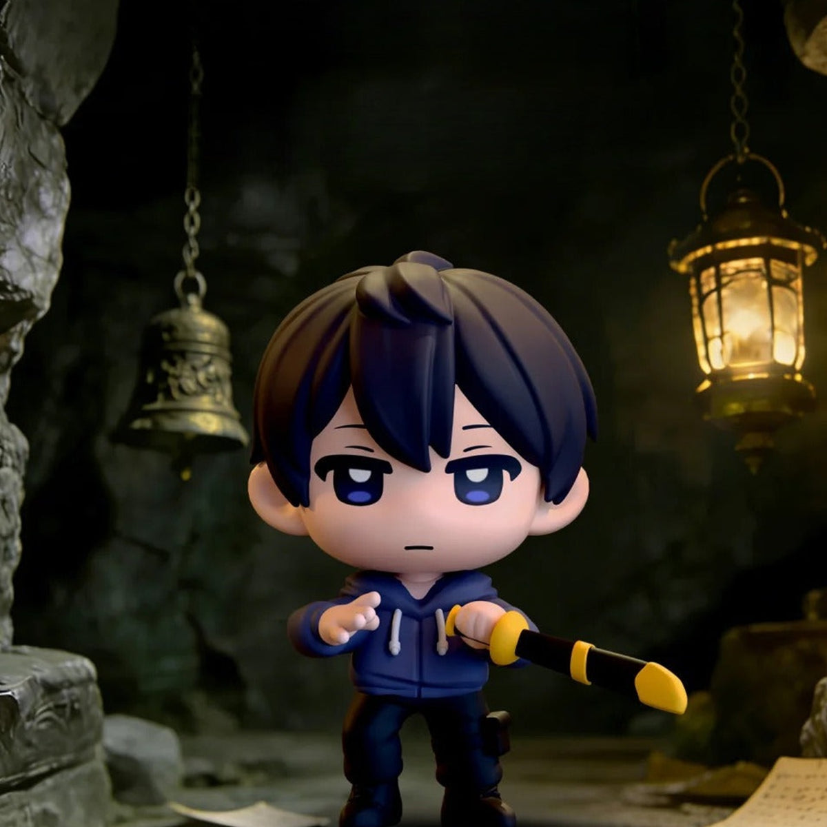 MINISO DMBJ Cave Adventure Series Mini Figure Blind Box - Blue hooded mini figure detail with feet cropped; random design not guaranteed