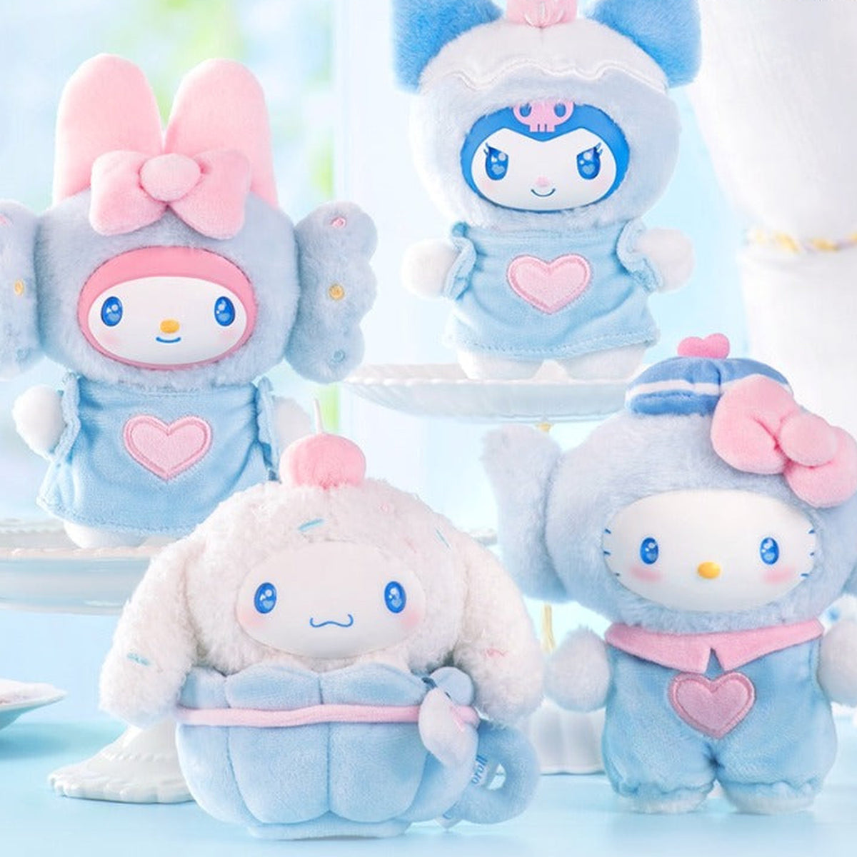 MINISO SANRI0 Characters Blue Flutter Series Plush Relaxing Toy Blind Box - Series comparison with complete central white plush example; upper and outer examples cropped; random design not guaranteed