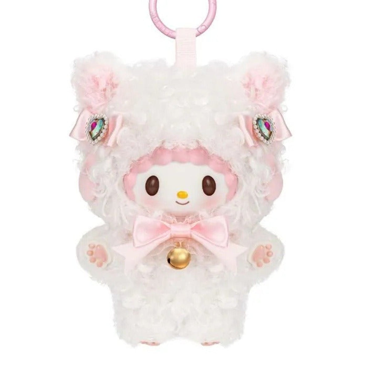 MINISO SANRI0 Characters Shining Meow Group Series Plush Relaxing Toy Blind Box - Complete white fluffy plush example with pink bow and bell; upper ring edge cropped; random design not guaranteed