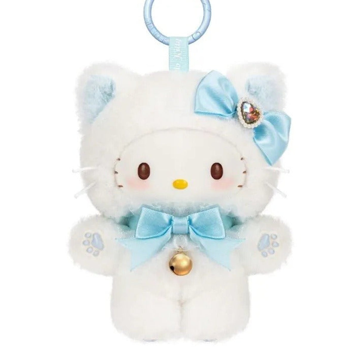 MINISO SANRI0 Characters Shining Meow Group Series Plush Relaxing Toy Blind Box - Complete white cat-hood plush example with blue bow and bell; upper ring edge cropped; random design not guaranteed