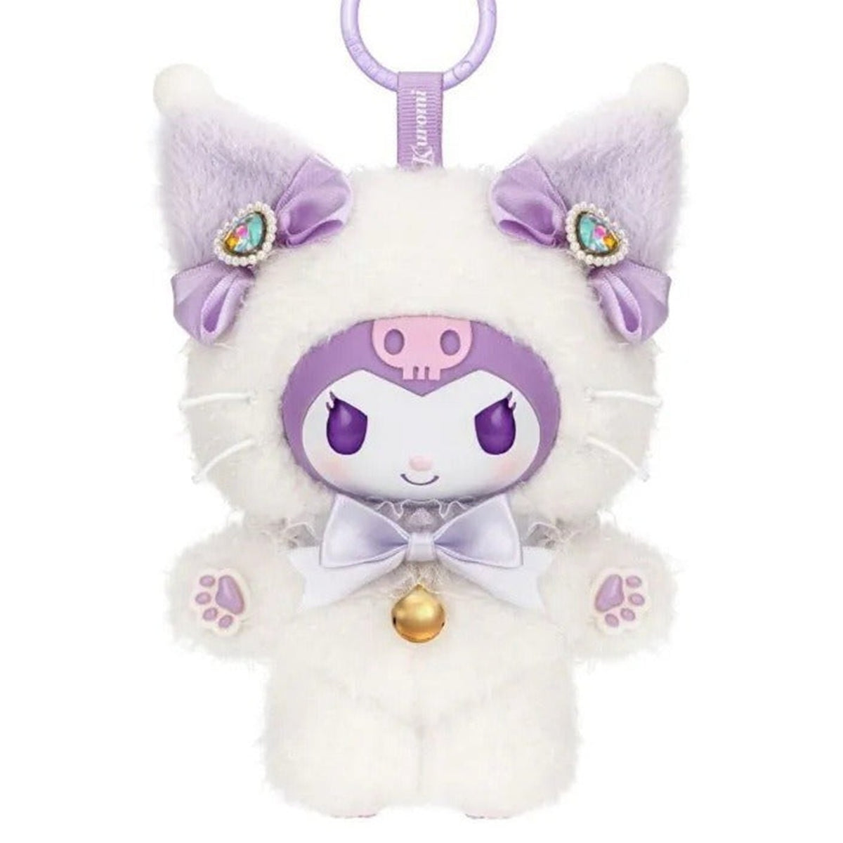 MINISO SANRI0 Characters Shining Meow Group Series Plush Relaxing Toy Blind Box - Complete white plush example with purple hood details and bow; upper ring edge cropped; random design not guaranteed
