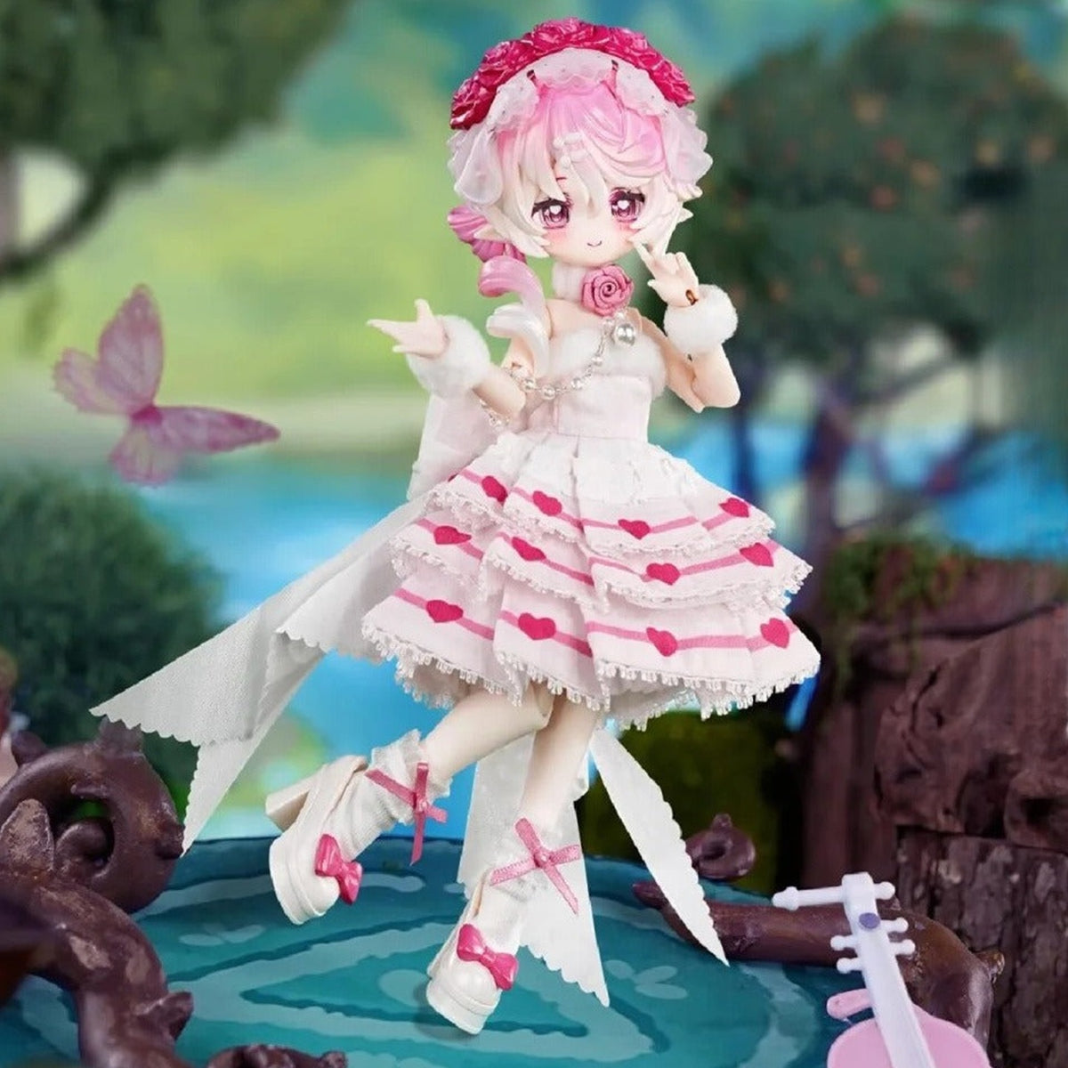 Minty × Aobi Island Dreamland Series 1/12 Action Figure BJD Blind Box (PRE-ORDER) - Complete pink-haired Dreamland BJD example with layered dress and bow shoes; random design not guaranteed