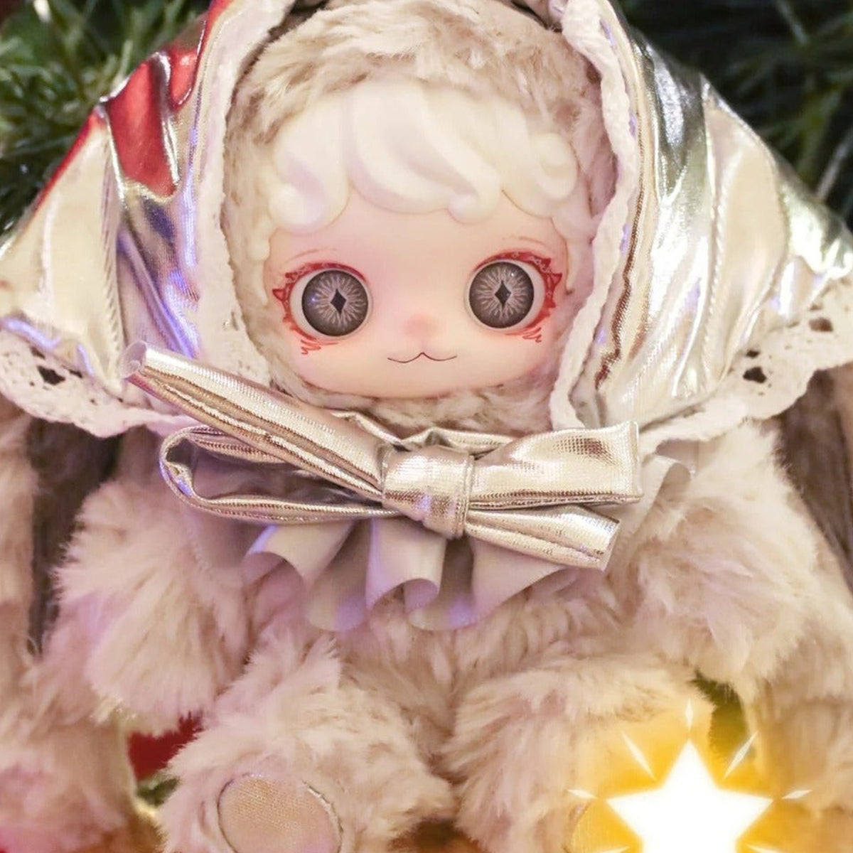 Mioco Realm of Oblivion Series Plush Blind Box - Gray plush doll in silver hood with bow; upper headwear and lower feet cropped; random design not guaranteed; display props not included