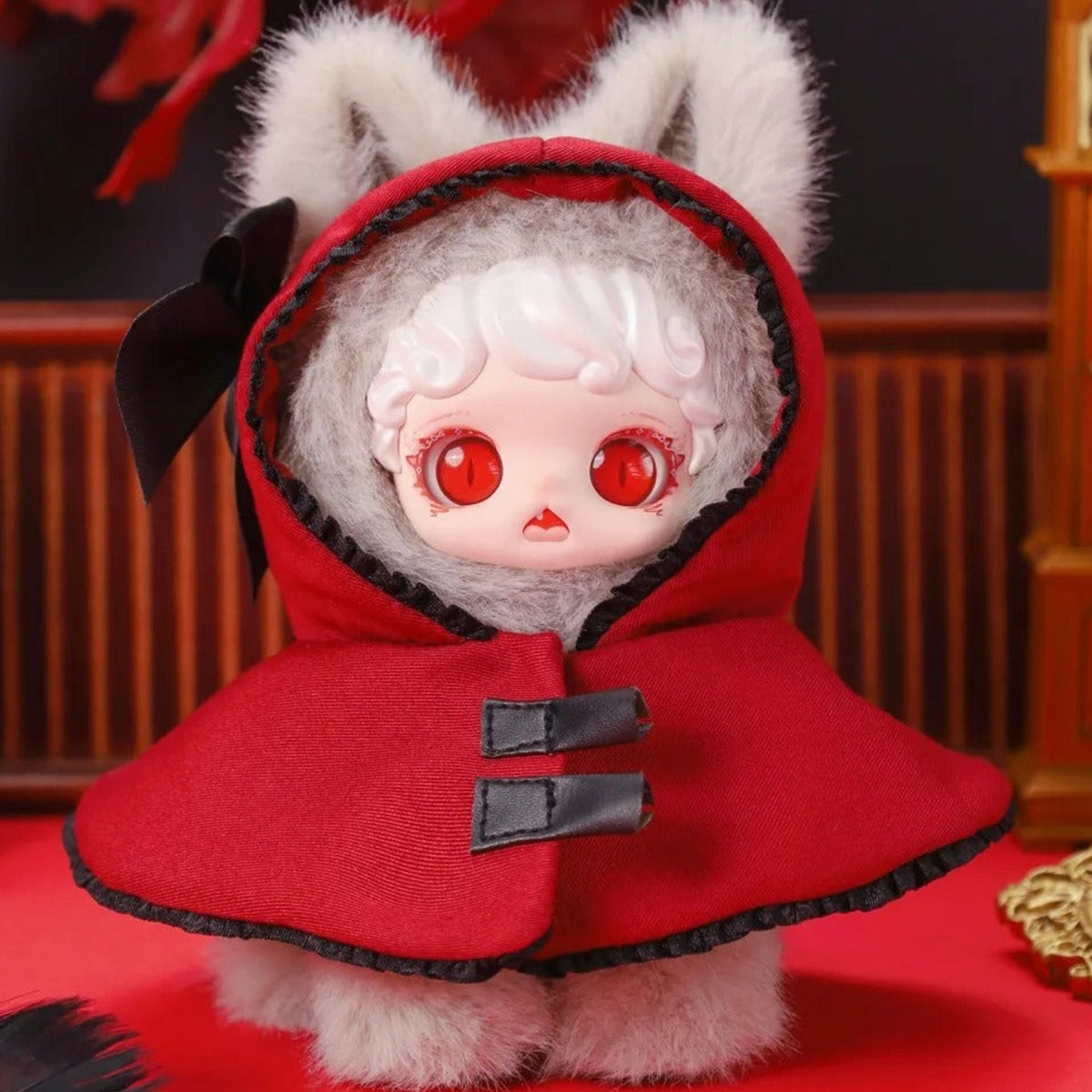 Mioco Realm of Oblivion Series Plush Blind Box - Gray plush doll in red hooded cloak; full upper ear outline, lower feet cropped; random design not guaranteed; display props not included