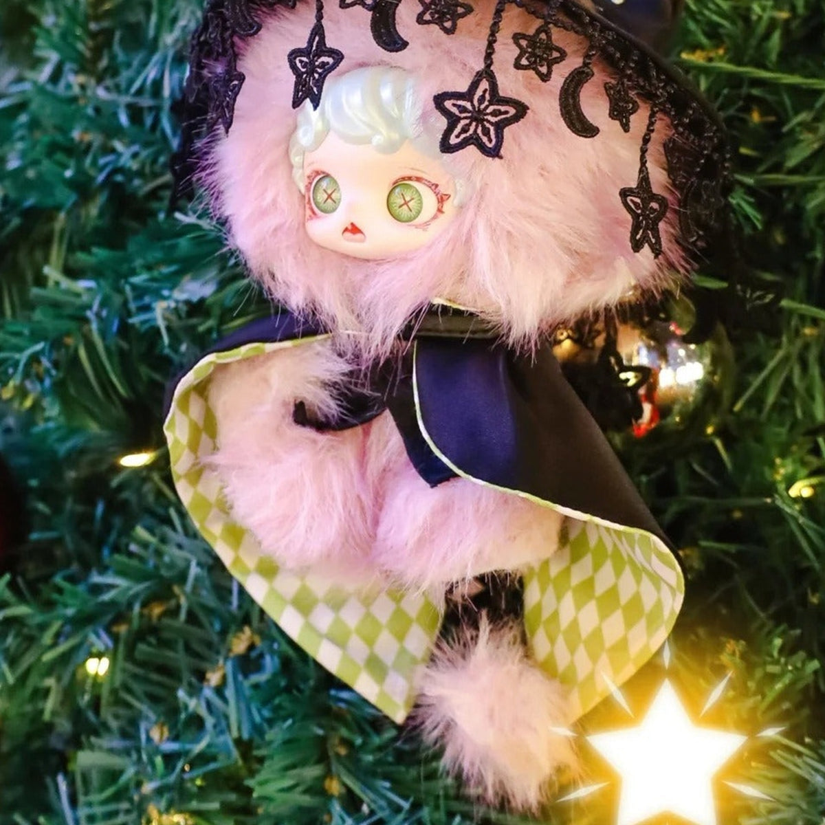 Mioco Realm of Oblivion Series Plush Blind Box - Pink plush doll in black star-lace hat and cloak; upper headwear and lower outline cropped; random design not guaranteed; display props not included