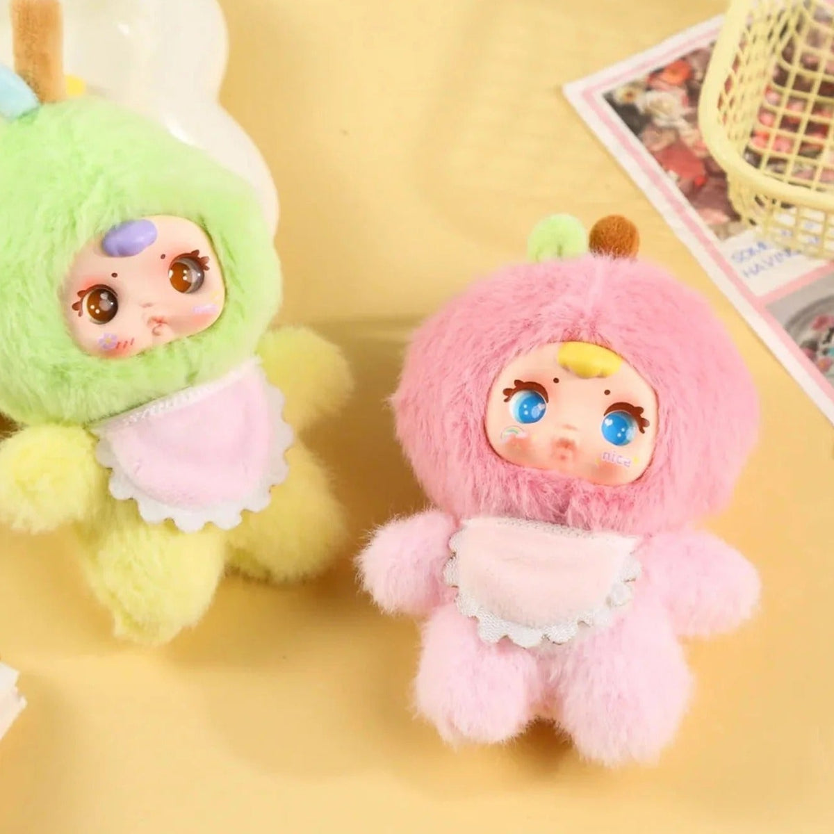 MM Milk Candy Cololful Fruit Series Plush Pendant Blind Box - Complete central pink fruit plush pendant example; left example partly cropped; display props not included; random design not guaranteed
