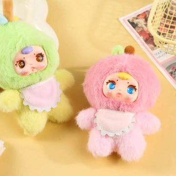 MM Milk Candy Cololful Fruit Series Plush Pendant Blind Box - Complete central pink fruit plush pendant example; left example partly cropped; display props not included; random design not guaranteed