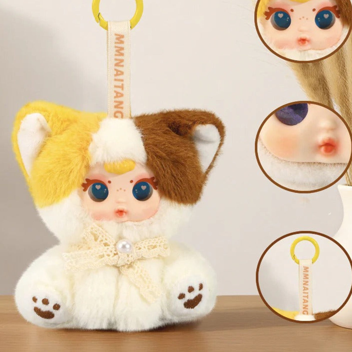 MM Milk Candy Naughty Cat Series Plush Pendant Dolls, Blind Box - Complete tri-colour cat plush pendant body; upper keyring cropped; inset images show visible facial and attachment details; random design not guaranteed