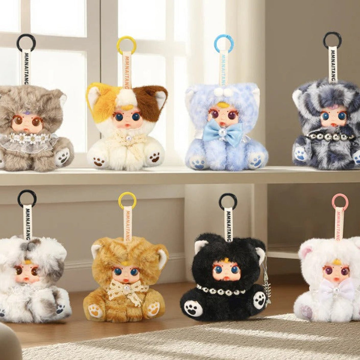 MM Milk Candy Naughty Cat Series Plush Pendant Dolls, Blind Box - Series overview with complete central cat plush pendant examples and outer examples cropped; display shelving not included; random design not guaranteed
