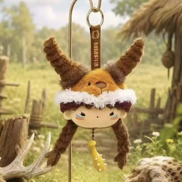 MMPIG Maomugu Adventure Series Plush Pendant Blind Box - Plush pendant example with horned hood and hanging charm; upper keyring edge cropped; random design not guaranteed