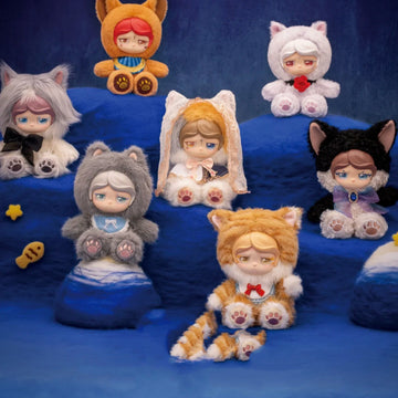 MO CAT Universe Series Plush Dolls Blind Box - Cat-hood plush comparison with complete central and lower examples; outer upper edges cropped; random design not guaranteed